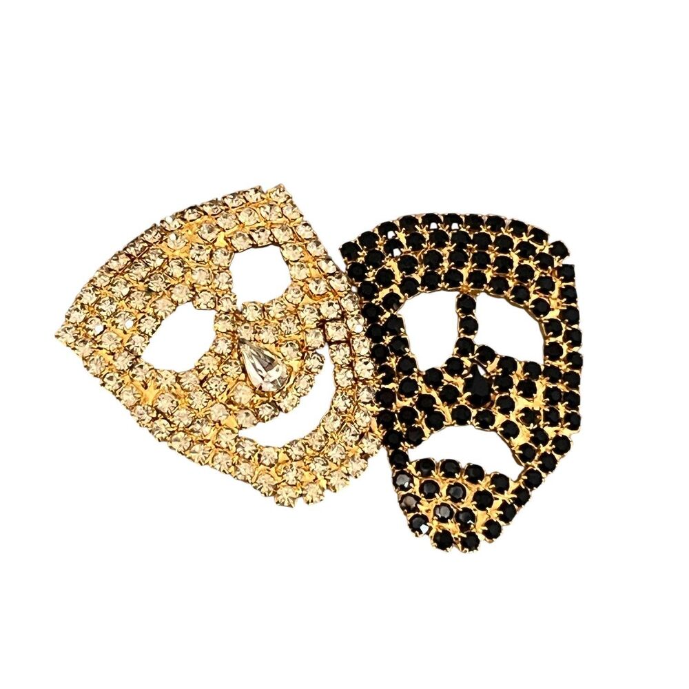 Vintage 1980s Dominique Crystal Comedy Tragedy Mask Brooch - 7Y